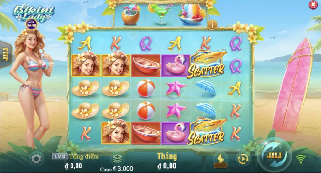Giao diện game slot Lady Bikini JILI tại LC79 với nhân vật nữ chủ đề bãi biển và các biểu tượng quay thưởng